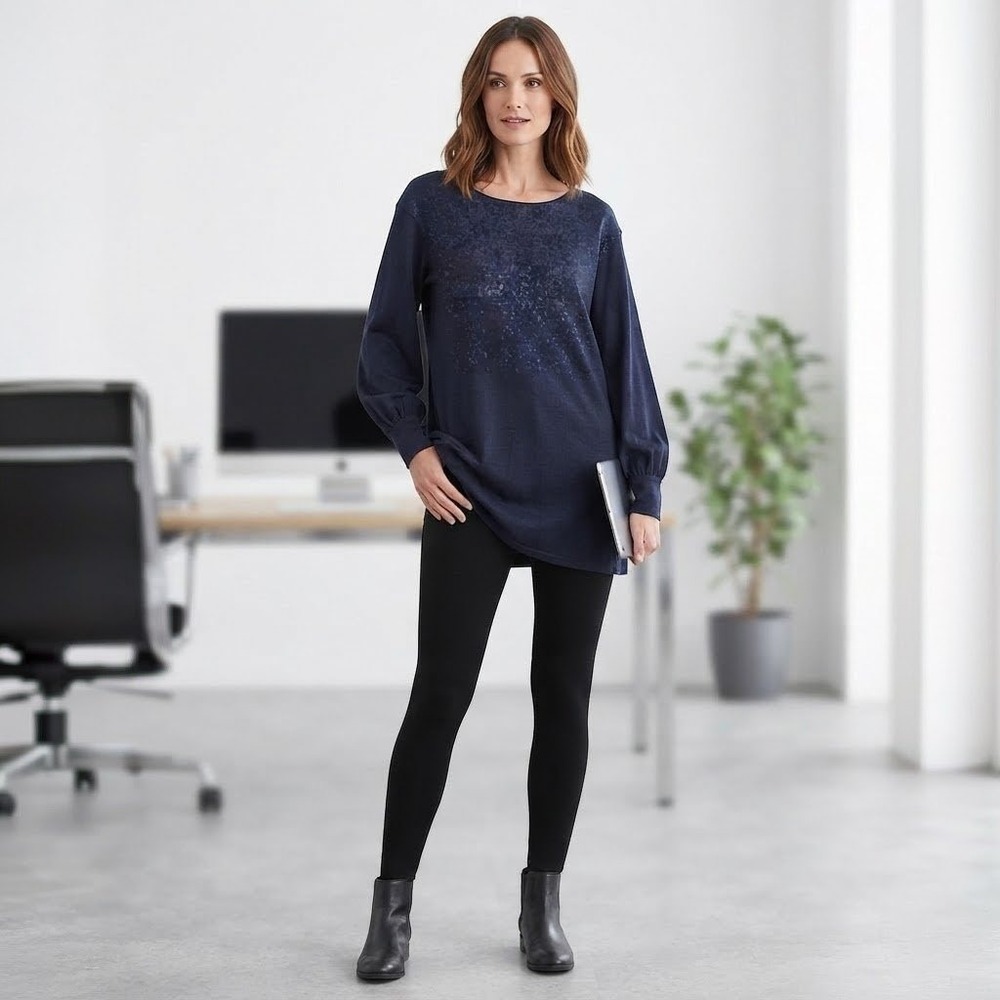 M&S Knit Tunic Top Womens 16 Blue Metallic Shimmer Long Sleeve Party Sparkle